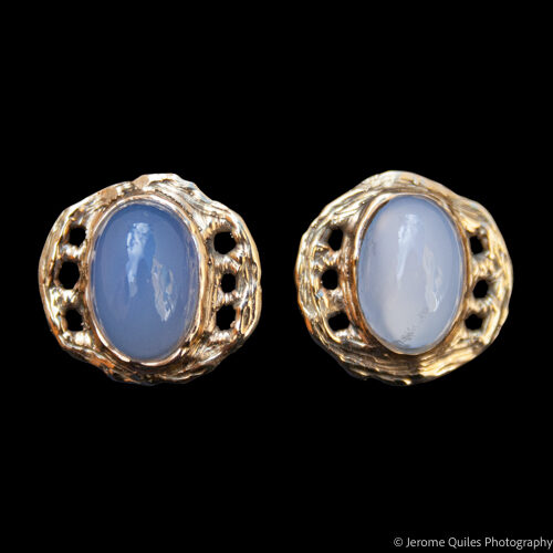 Clous d'Oreilles Or 18K Calcédoine Bleue