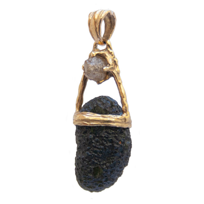 18K Gold Diamond Moldavite Pendant - Image 3