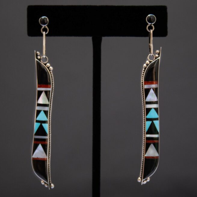 Long Black Zuni Inlay Drop Earrings