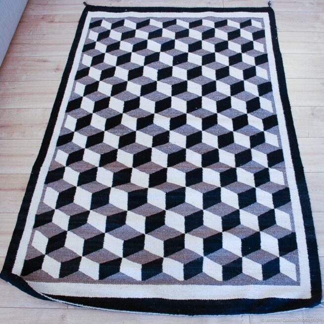 1940s Black White Optical Rug - Image 3