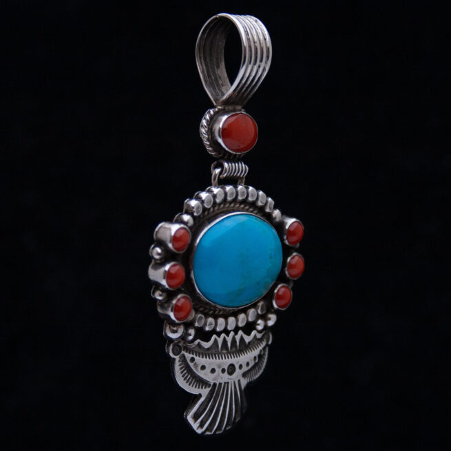 Navajo Turquoise Coral Silver Pendant