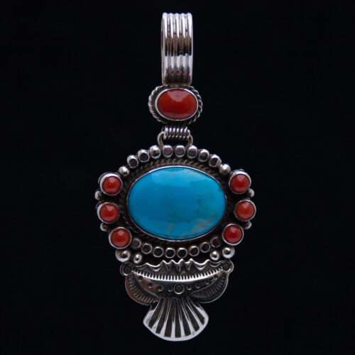 Navajo Turquoise Coral Silver Pendant