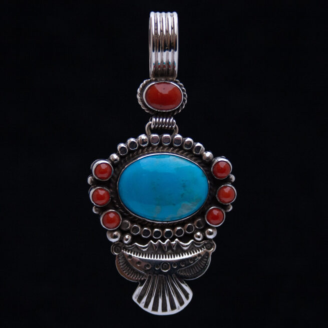 Navajo Turquoise Coral Silver Pendant