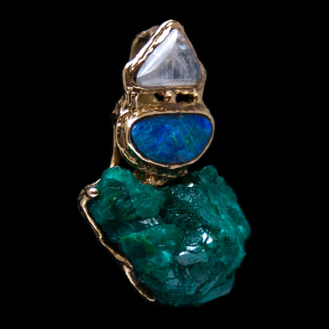 18K Gold Moonstone Opal Dioptase Pendant