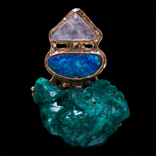 18K Gold Moonstone Opal Dioptase Pendant