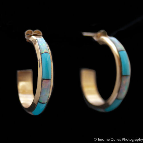 14K Gold Turquoise Opal Hoop Earrings