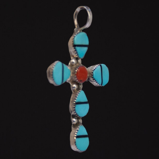 Turquoise Coral Zuni Cross Pendant - Image 2