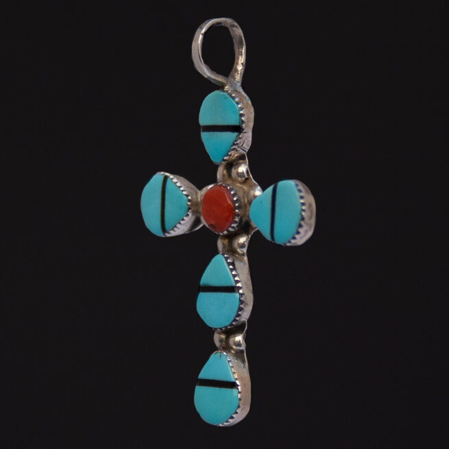 Turquoise Coral Zuni Cross Pendant