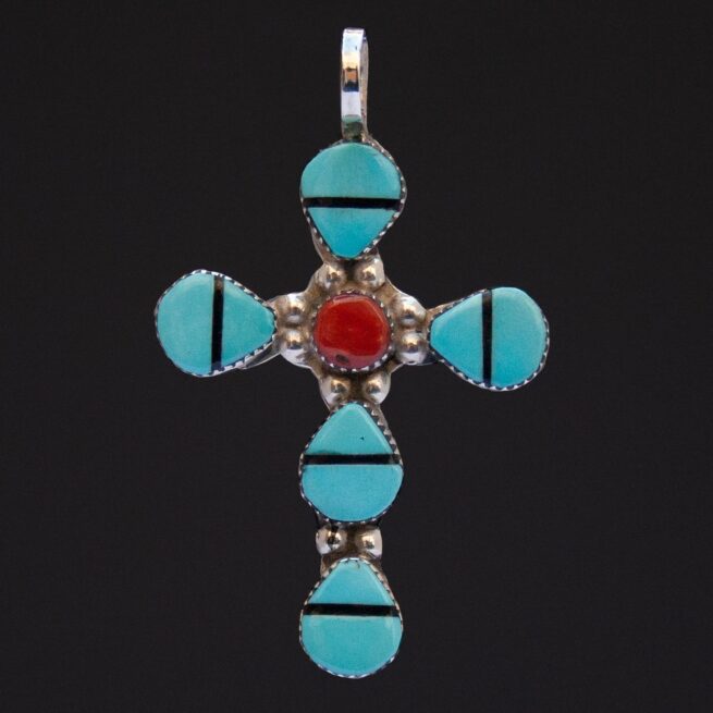 Turquoise Coral Zuni Cross Pendant