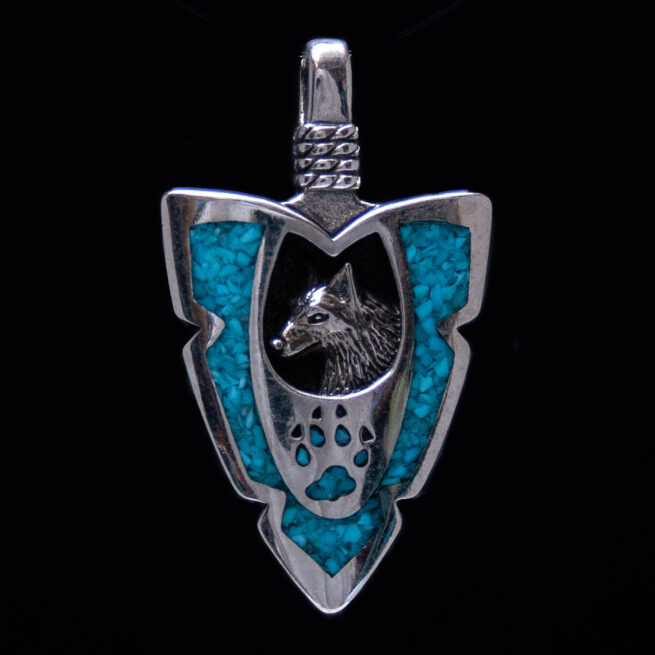 Turquoise Silver Arrowhead Wolf Pendant