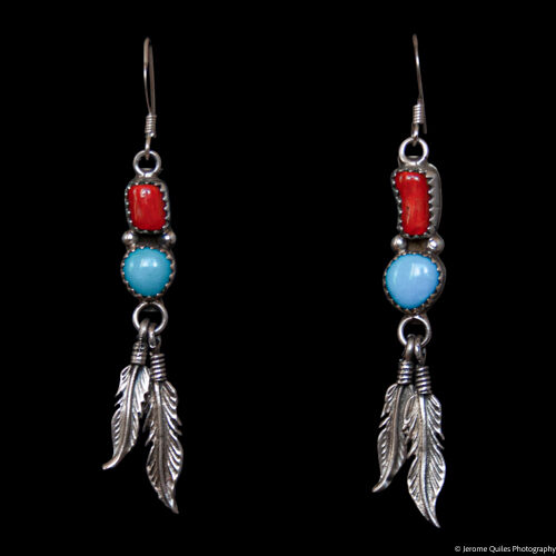 Boucles d'Oreilles Plumes Argent Turquoise Corail