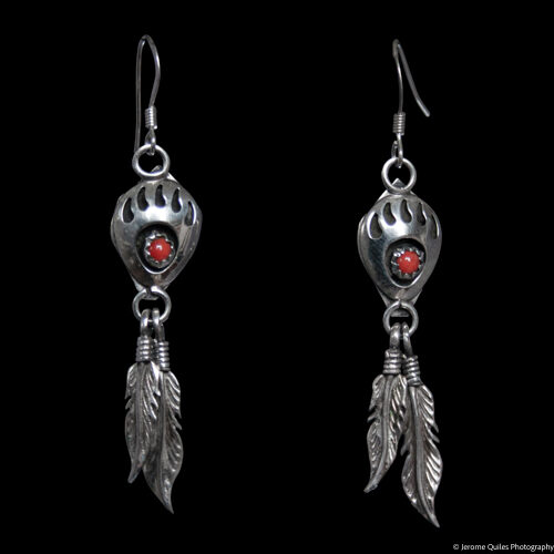 Coral Bear Paw Silver Feather Earrings