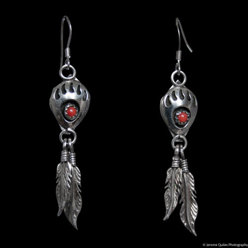 Boucles d'Oreilles Pattes d'Ours Corail Plumes Argent