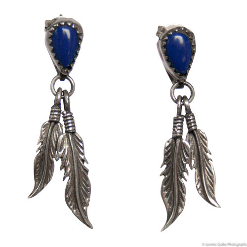 Double Silver Feather Lapis Earrings