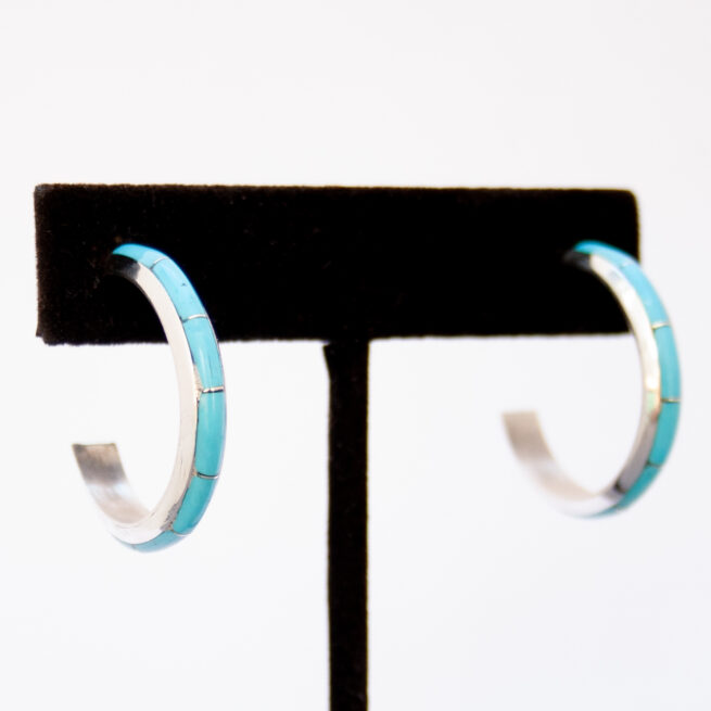 Zuni Medium Smooth Turquoise Hoop Earrings - Image 2