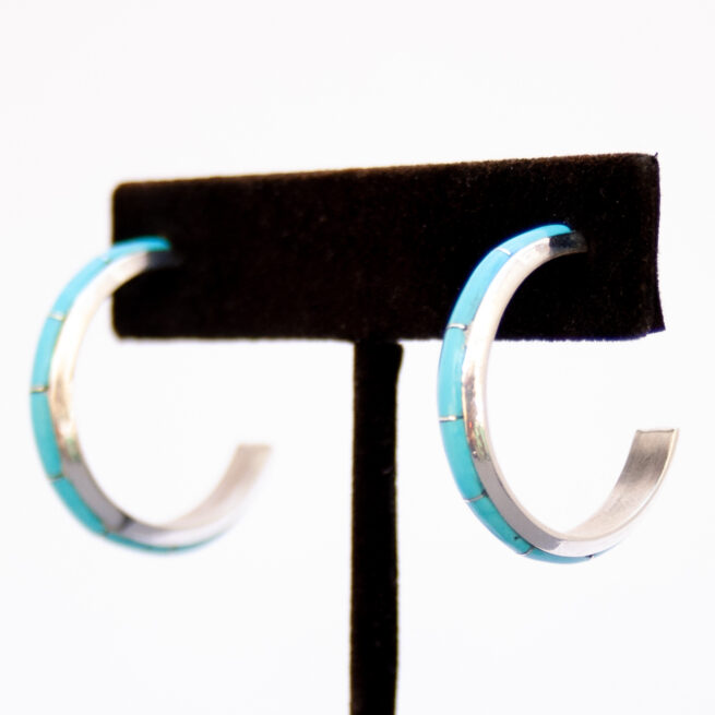 Zuni Medium Smooth Turquoise Hoop Earrings - Image 3