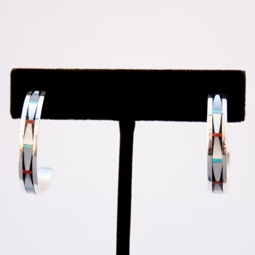 Zuni White Pearl Inlay Hoop Earrings