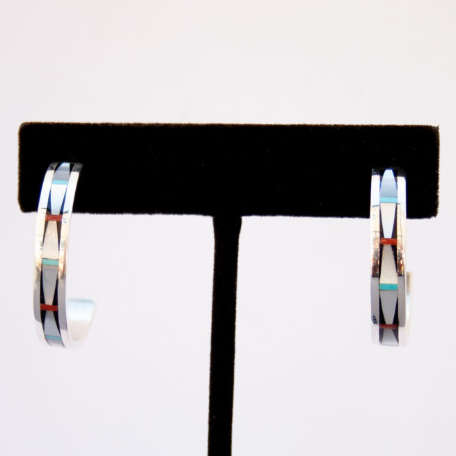 Zuni White Pearl Inlay Hoop Earrings