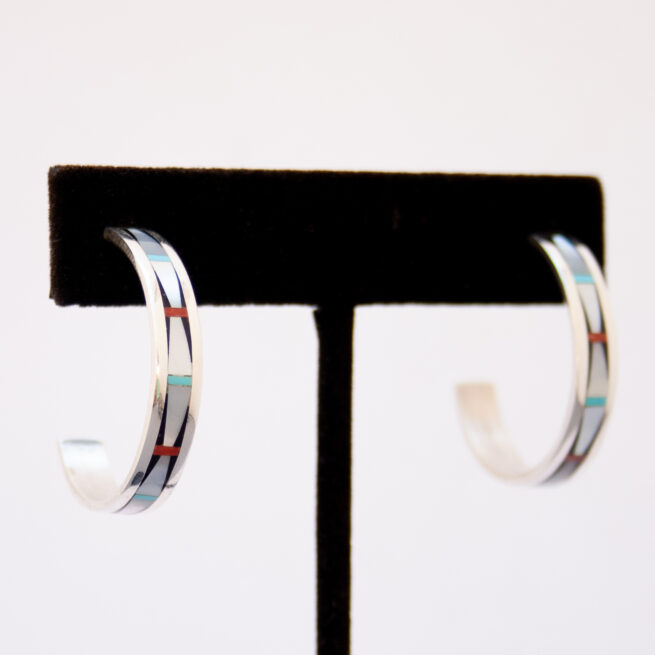 Zuni White Pearl Inlay Hoop Earrings - Image 2