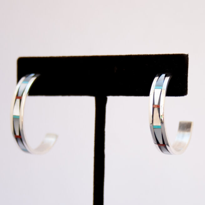 Zuni White Pearl Inlay Hoop Earrings - Image 3