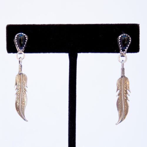 Native American Jet Single Silver Feather Drop Earrings