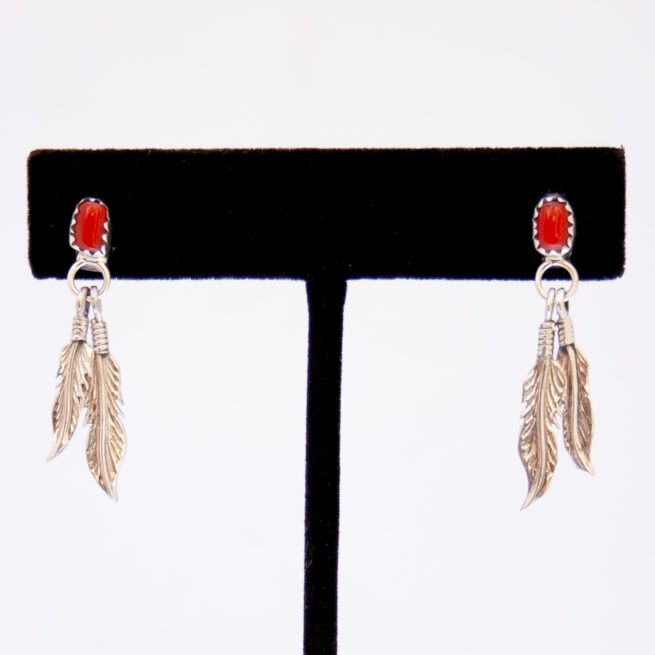 Red Coral Silver Feather Drop Earrings