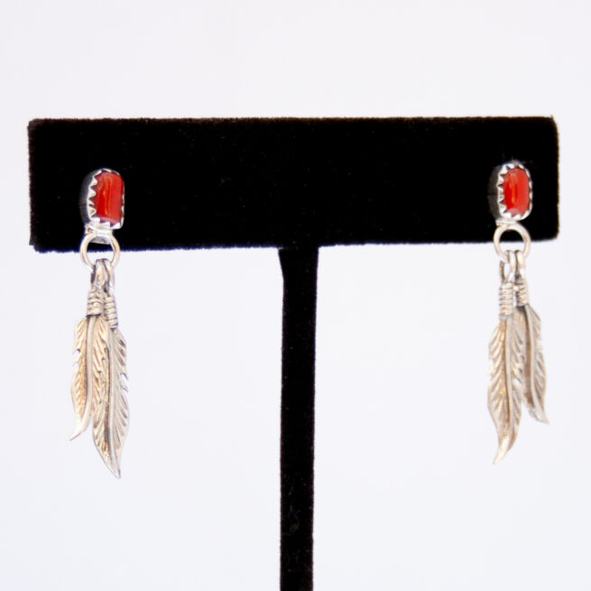 Red Coral Silver Feather Drop Earrings - Image 2