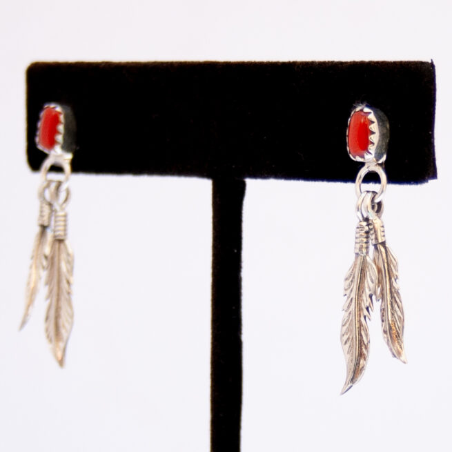 Red Coral Silver Feather Drop Earrings - Image 3