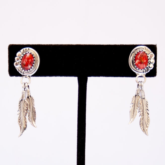 Red Spondylus Silver Feather Drop Earrings