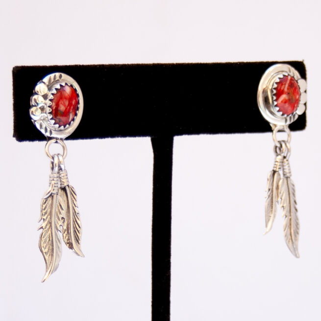 Red Spondylus Silver Feather Drop Earrings - Image 2
