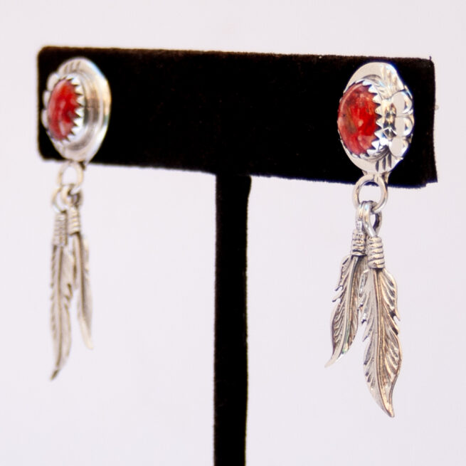 Red Spondylus Silver Feather Drop Earrings - Image 3