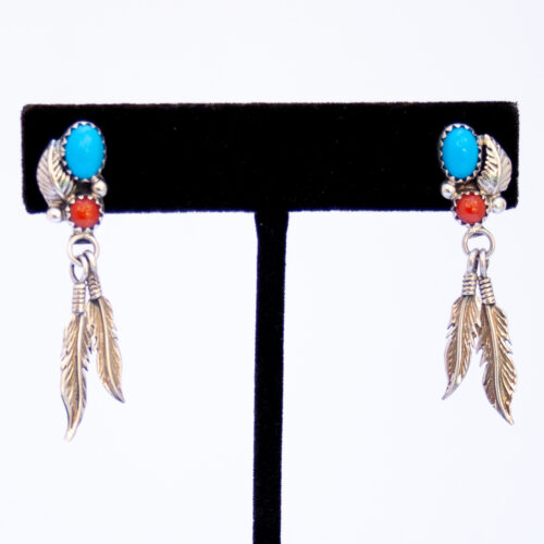 Native American Turquoise Coral Feather Drop Earrings