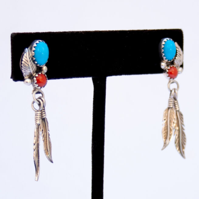 Boucles d'Oreilles Turquoise Corail Plumes – Image 2