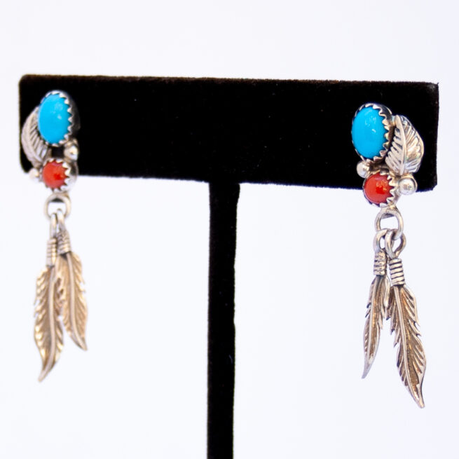 Boucles d'Oreilles Turquoise Corail Plumes – Image 3