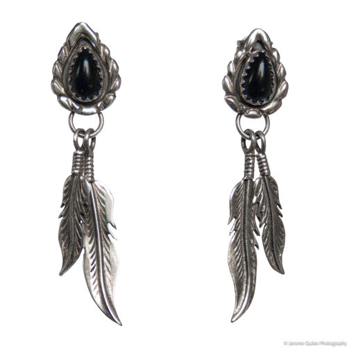 Native American Jet Silver Feather Earrings