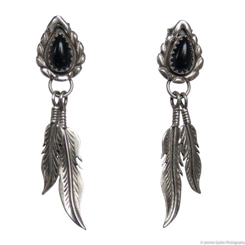 Boucles d'Oreilles Jais Plumes Argent