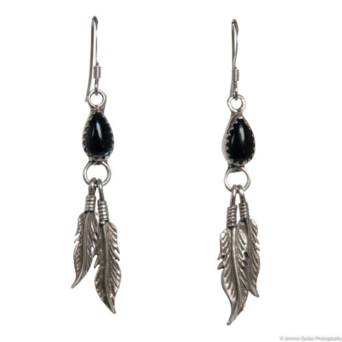 Native Earrings Silver Feathers Black Stone