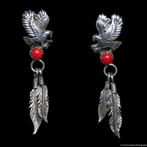 Red Coral Silver Eagle Earrings