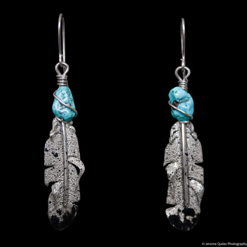 Ernest Rangel Silver Feather Turquoise Earrings