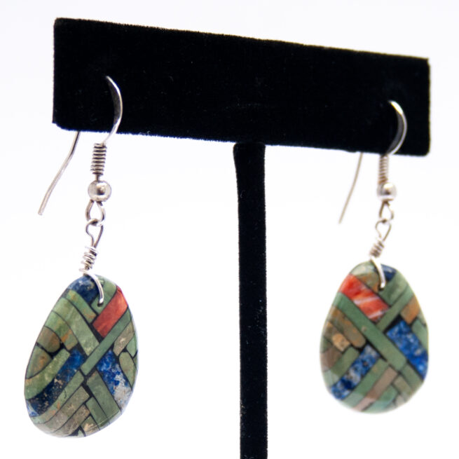 Turquoise Lapis Spondylus Inlay Shell Drop Earrings - Image 2