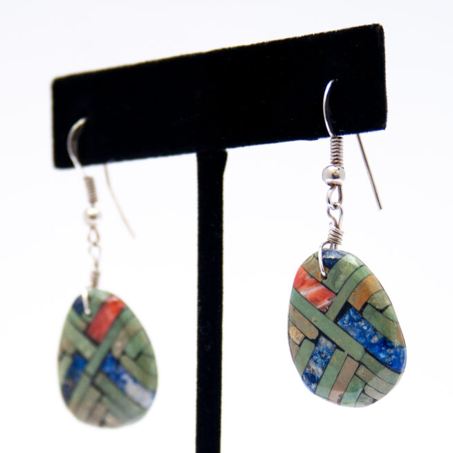 Turquoise Lapis Spondylus Inlay Shell Drop Earrings - Image 3