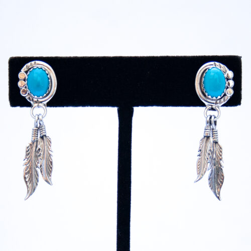 Turquoise Dot Tip Silver Feather Drop Earrings