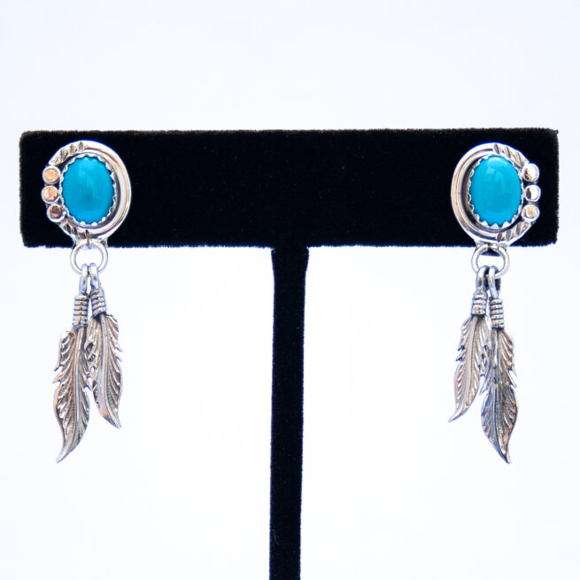 Turquoise Dot Tip Silver Feather Drop Earrings