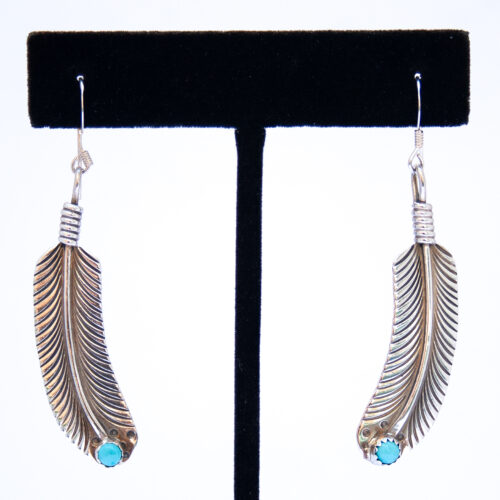 Turquoise Dot Tip Silver Feather Drop Earrings