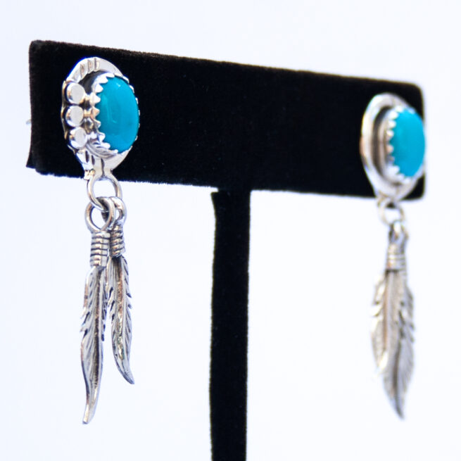 Turquoise Dot Tip Silver Feather Drop Earrings