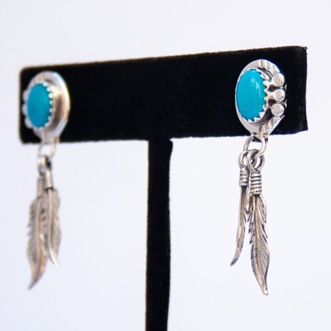 Turquoise Dot Tip Silver Feather Drop Earrings