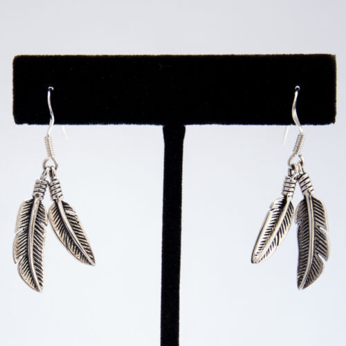 Plain Silver Double Feather Drop Earrings