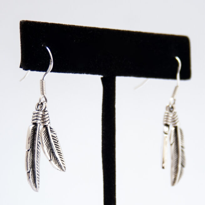 Plain Silver Double Feather Drop Earrings - Image 2