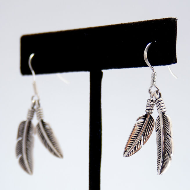 Plain Silver Double Feather Drop Earrings - Image 3