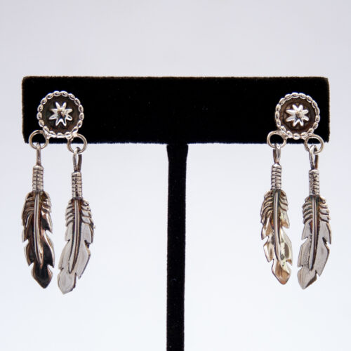 Plain Silver Double Feather Medicine Shield Drop Earrings